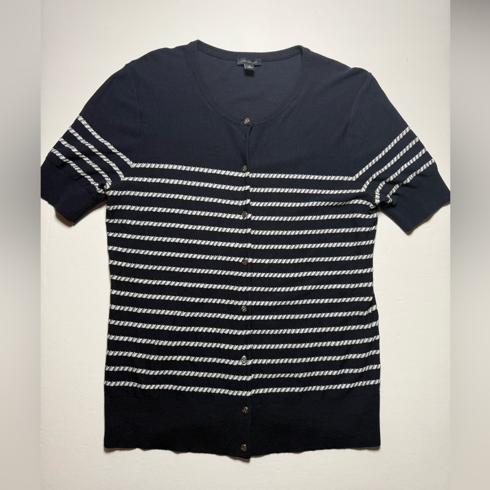 Ann Taylor Navy & White Striped button front short sleeve knit cardigan medium